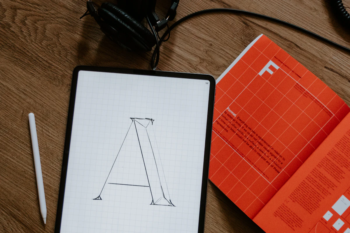 Tablet showing a capital A constructed on a grid, beside a stylus and an orange printed brand booklet