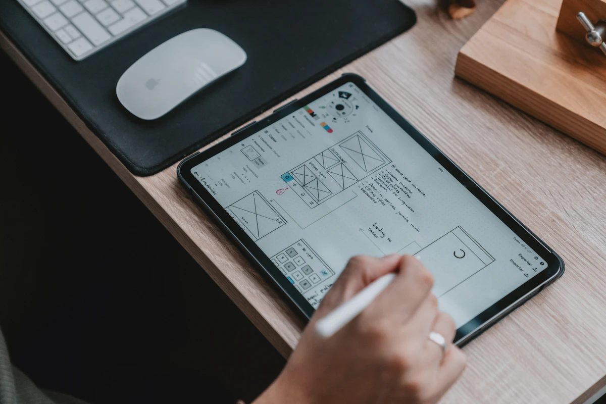 Designer sketching new page wireframes on a tablet with a stylus